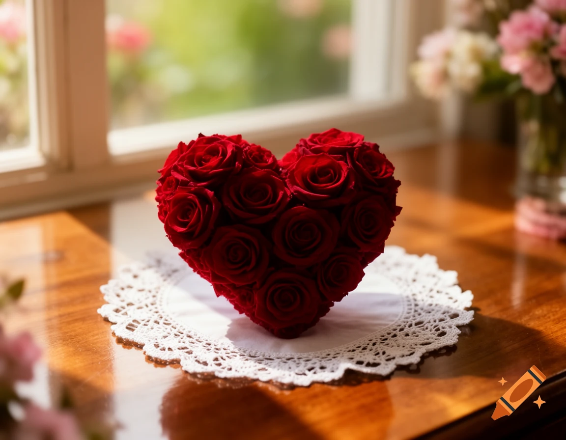 A heart-shaped arrangement of red roses on a white lace doily sits on a polished wooden table, bathed in soft window light.