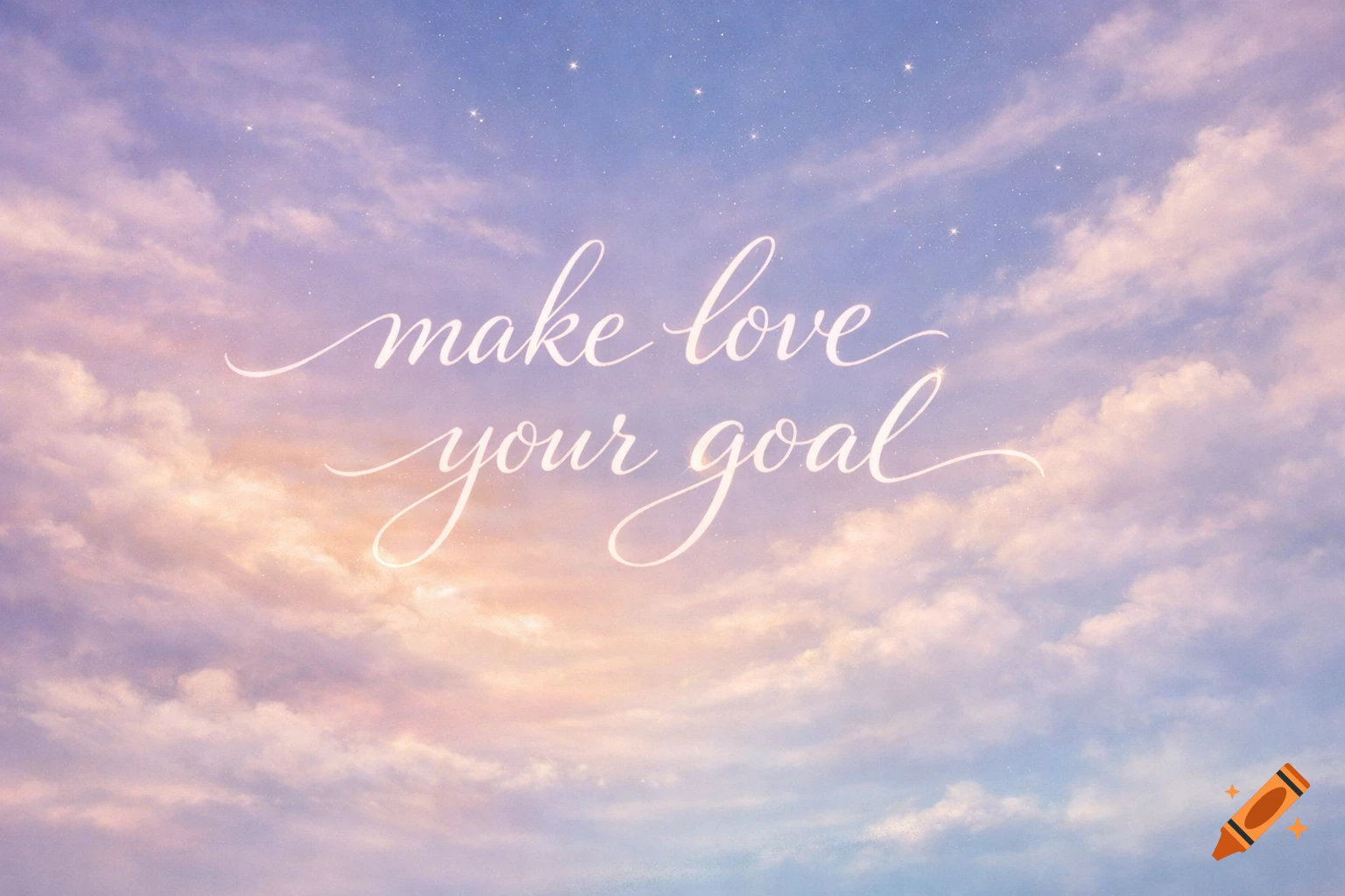Inspirational quote "make love your goal" in white script on a dreamy pastel sky with clouds and faint stars.