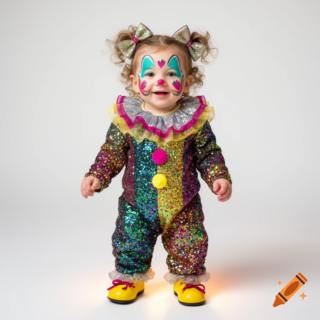 A baby girl dressed as a clown in a glittery rainbow sequin costume with colorful face paint and yellow shoes, on a white background.