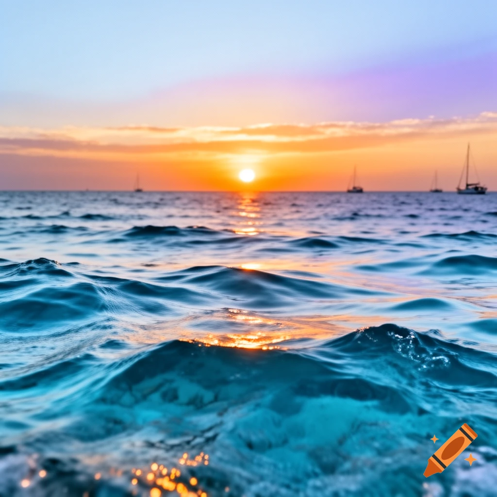 Close-up of ocean waves at sunset with vibrant orange and purple sky and distant sailboats on the horizon.