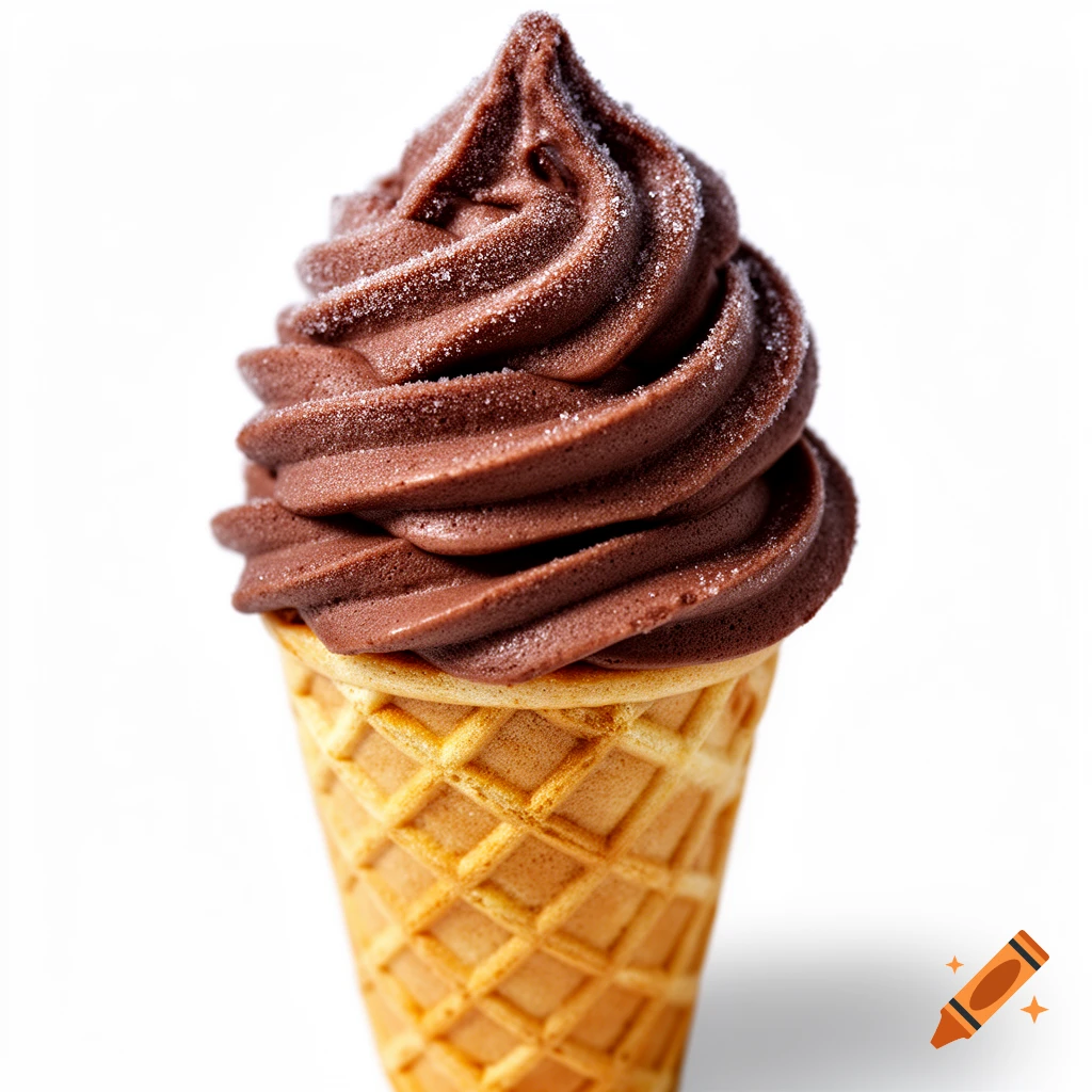Photorealistic close-up of a chocolate soft serve ice cream cone on a white background.