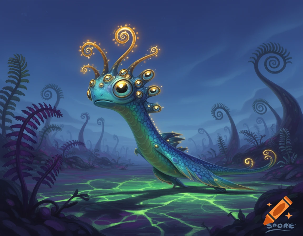 A whimsical teal and blue alien creature with many eyes and glowing antennae stands in a glowing green alien swamp with purple fern-like plants under a dark blue sky.