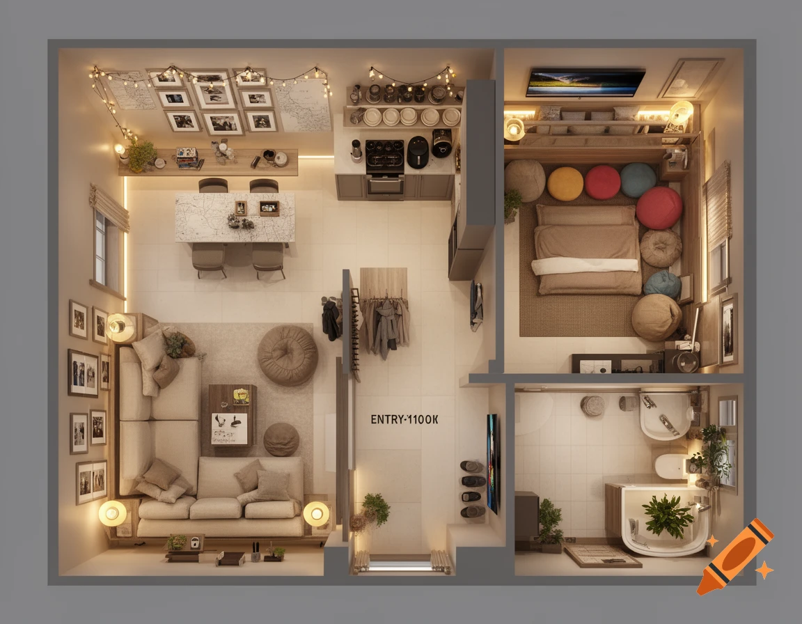 Top-down view of a cozy modern cottage-style apartment floor plan with living room, kitchen, bedroom, and bathroom.