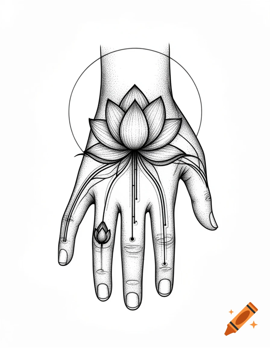 A blackwork tattoo design of a hand with a large lotus flower on the back, dotwork shading, and a subtle halo.