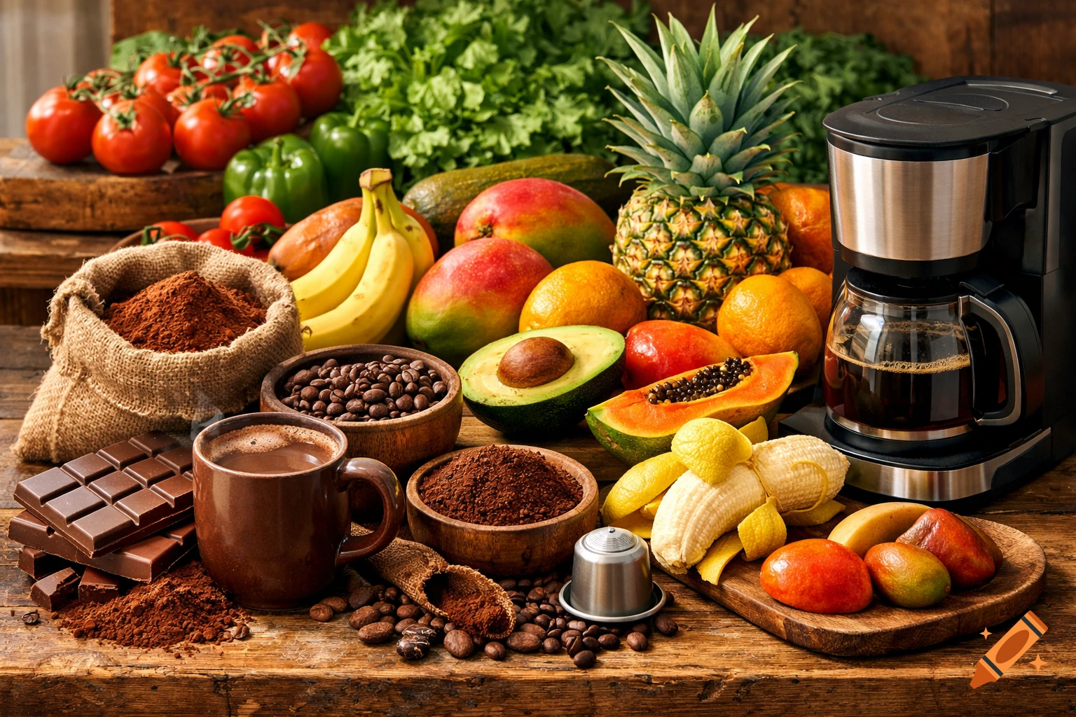 Fresh fruits, vegetables, coffee, chocolate, and cocoa powder arranged on a rustic wooden table with a coffee maker.
