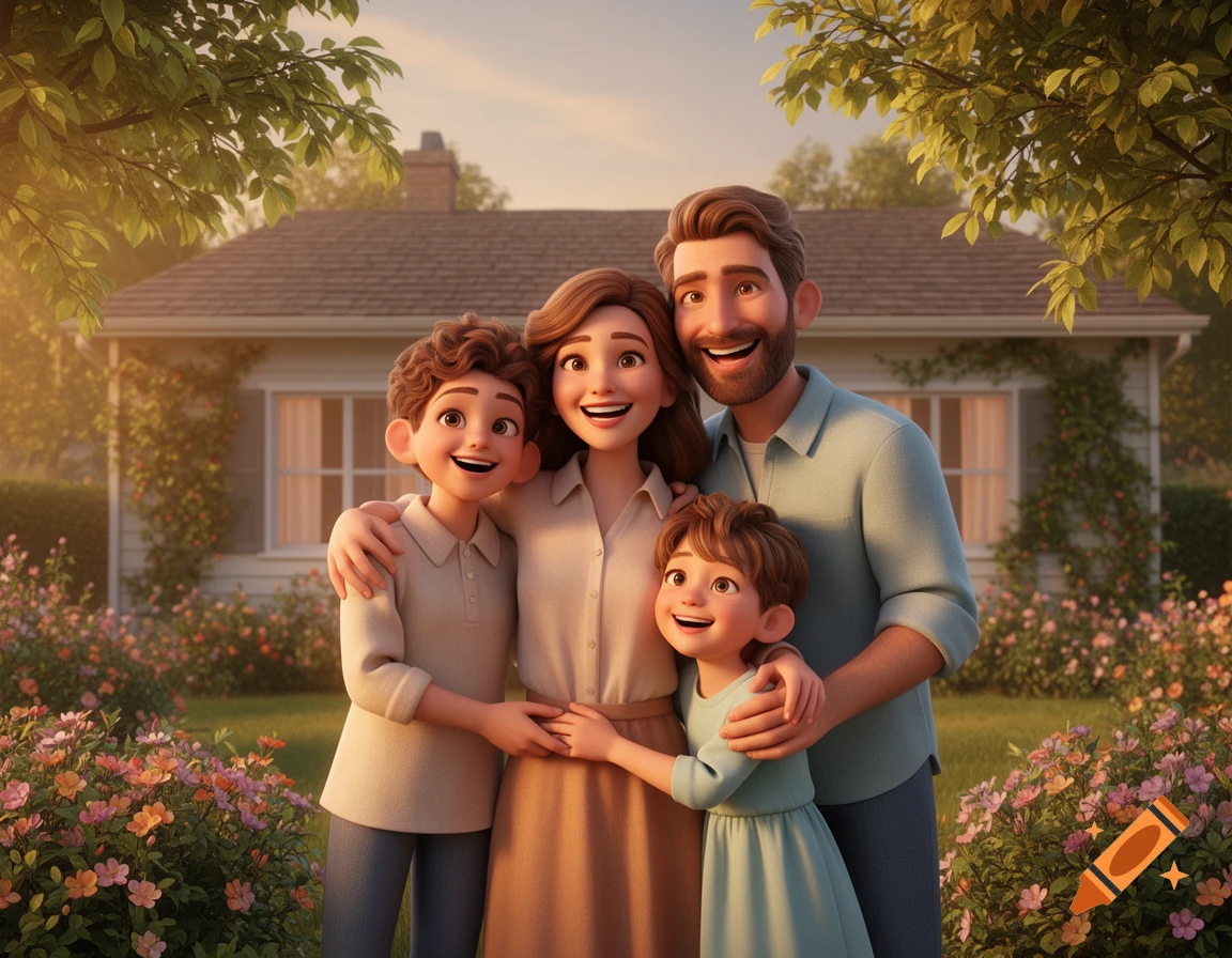 A happy 3D animated family, including a father, mother, and two children, smiling and hugging in front of a suburban house with a garden.