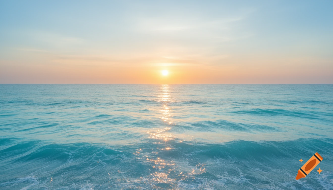 A serene light blue turquoise sea at sunrise with soft pastel sky and golden light reflecting on gentle waves.