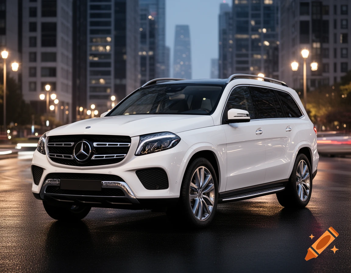 A white Mercedes-Benz GLS SUV parked on a wet street in a city at night, with blurred city lights in the background. Photorealistic style.