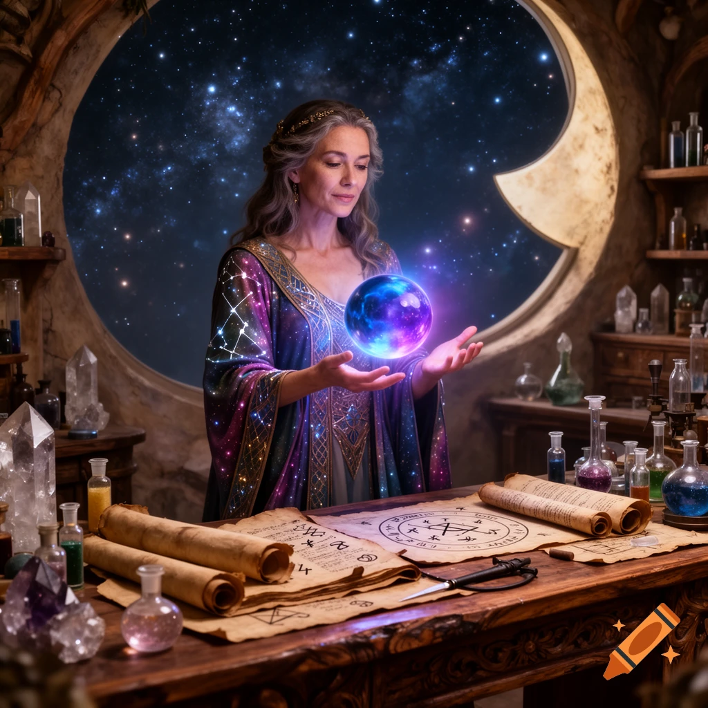 A female alchemist with long grey hair holds a glowing purple orb in a celestial workshop, with scrolls and potions on the wooden table.