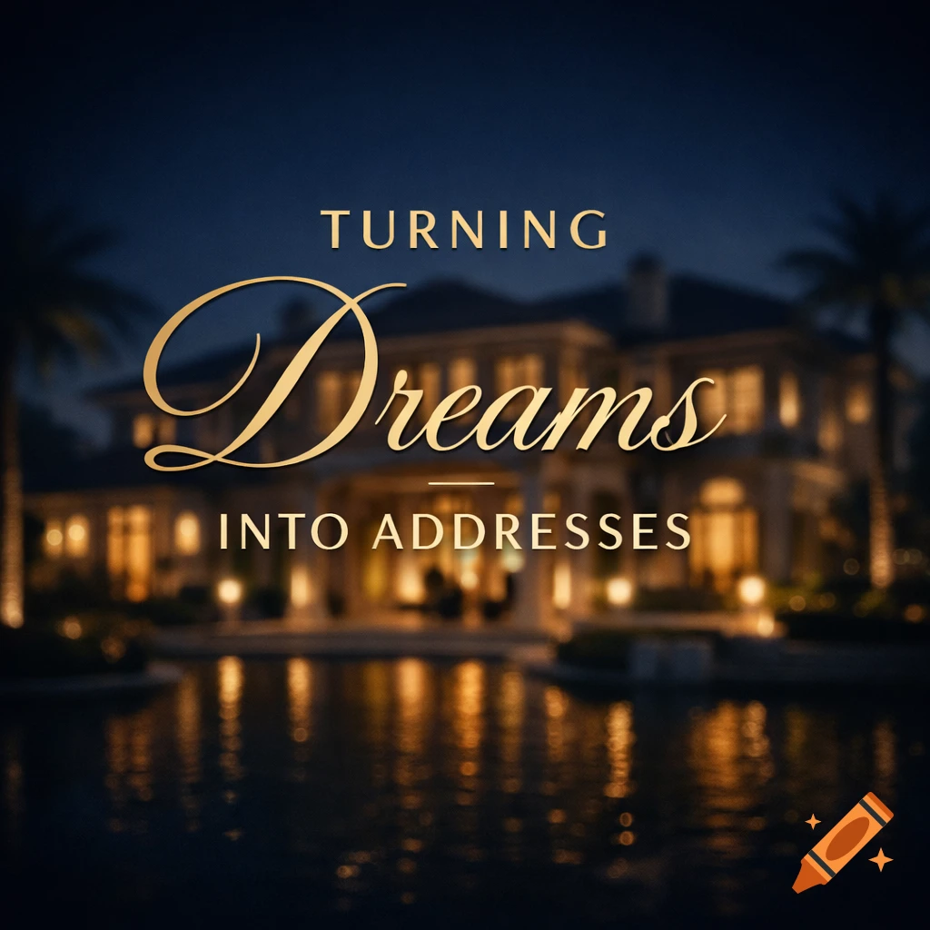 Golden text 'Turning Dreams Into Addresses' over a blurred luxury mansion reflecting lights in water at night.