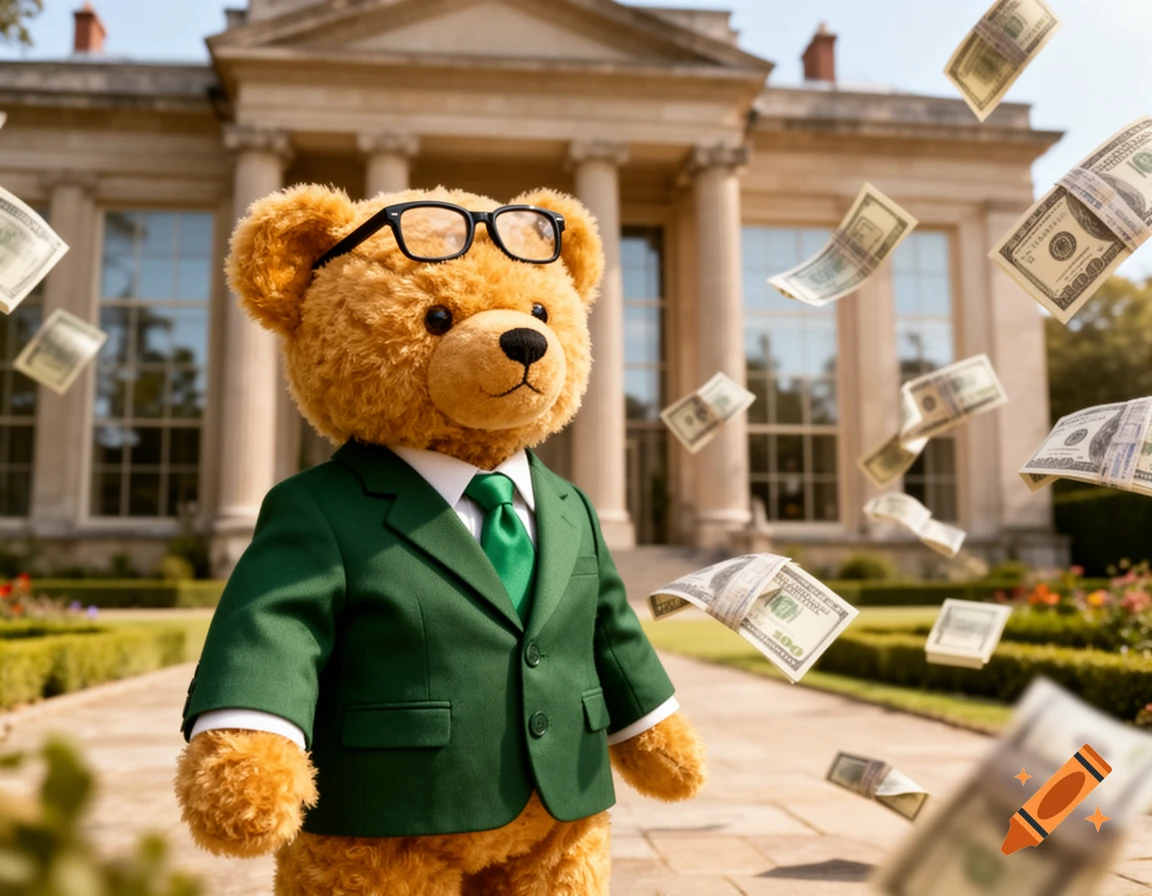 A dapper teddy bear wearing black glasses, a green suit, and a green tie stands in front of a mansion as dollar bills rain down around him.