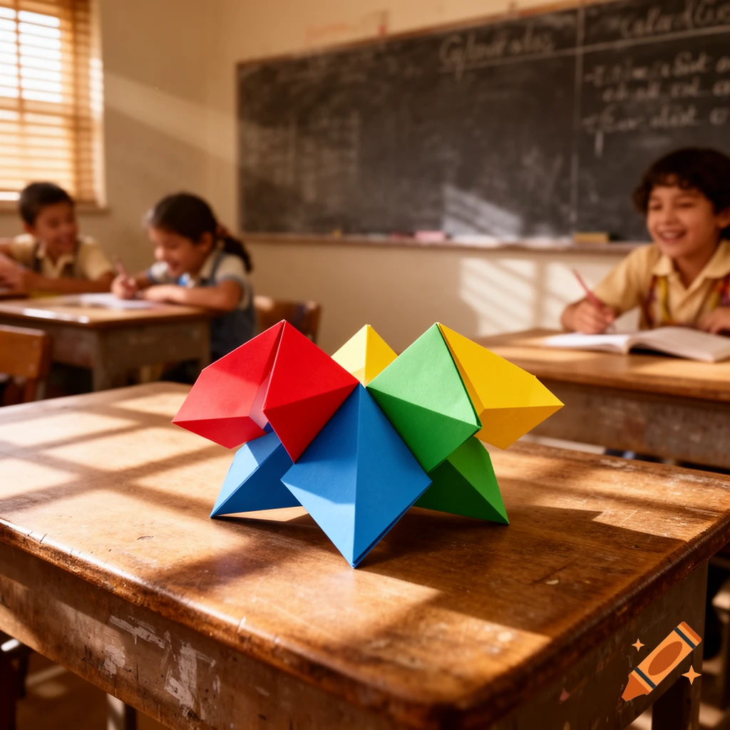 A colorful origami object, resembling a cootie catcher, sits on a wooden desk in a sunlit classroom with smiling children in the background.