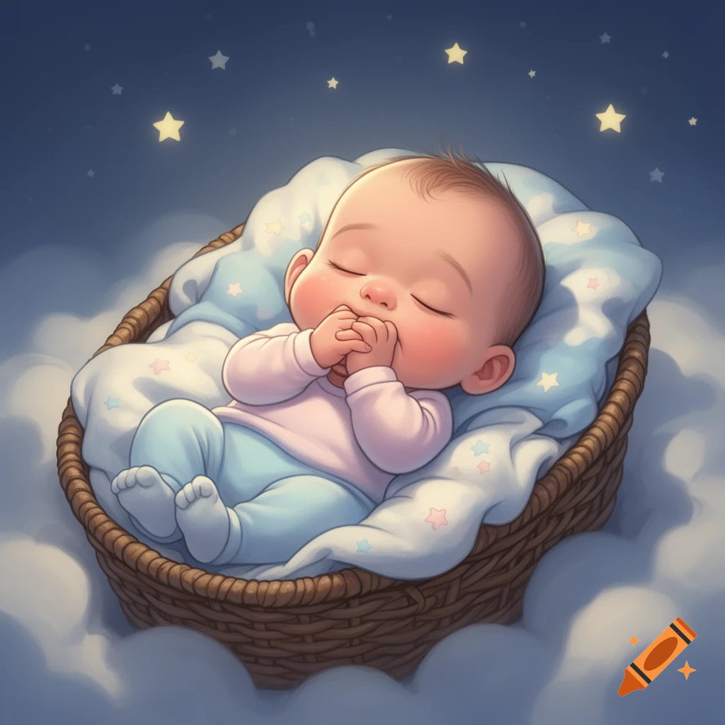 A cute cartoon baby peacefully sleeping in a wicker basket, surrounded by soft clouds and twinkling stars in a nighttime sky.