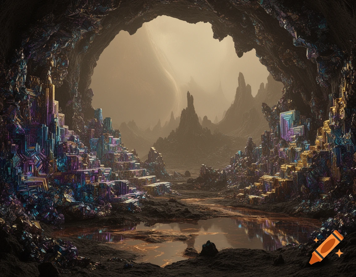 A mystical cave filled with iridescent bismuth-like crystals reflecting in a dark pool, opening to a hazy alien landscape.