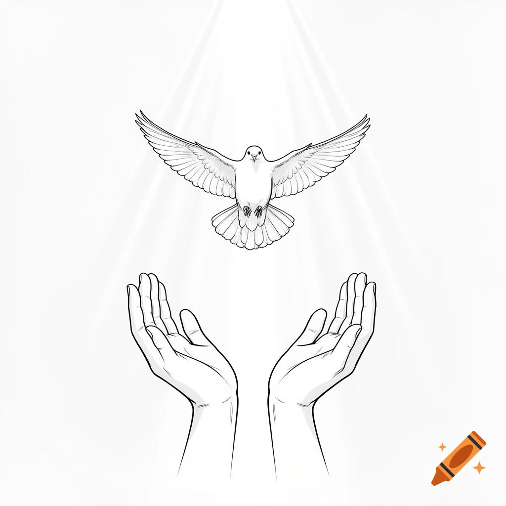 Minimalist black and white line art of two cupped hands below a dove descending in rays of light.