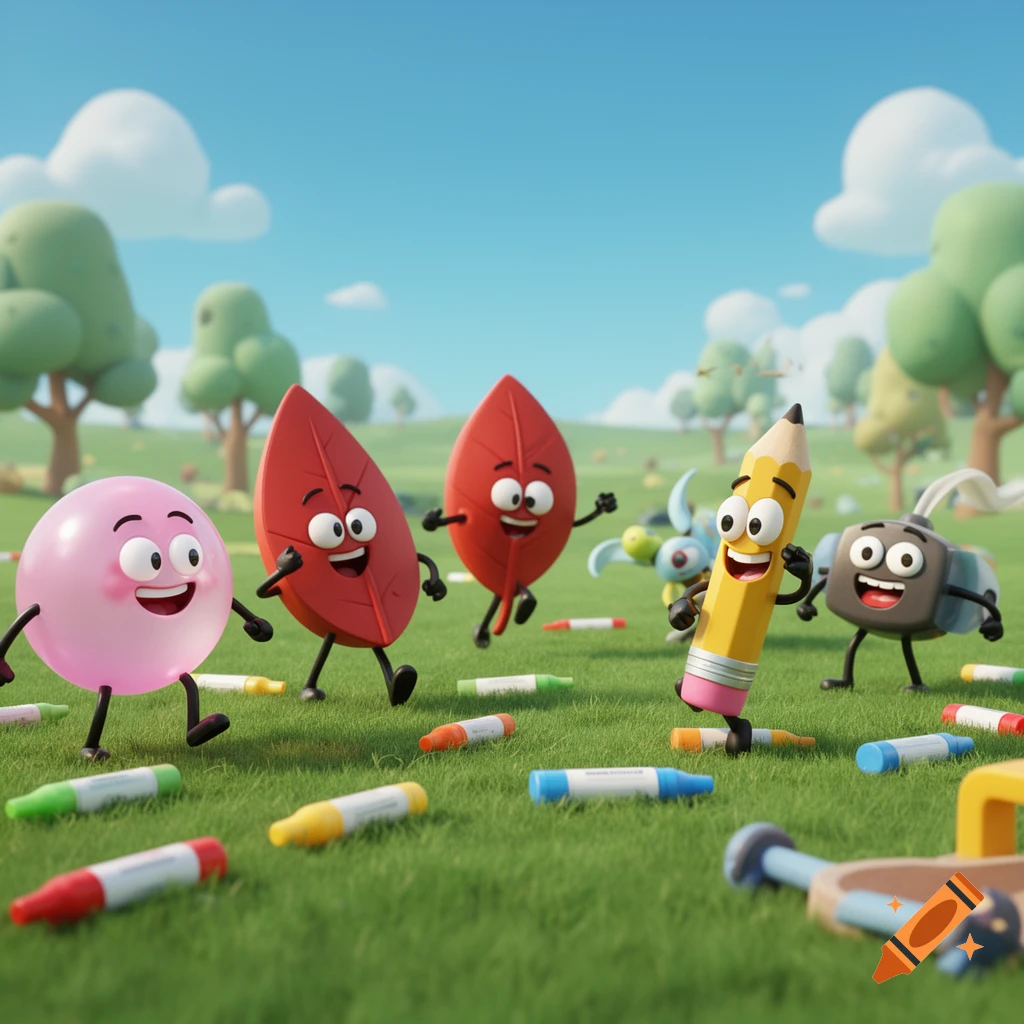 A pink bubble, two red leaves, a yellow pencil, and a grey bomb-like character with faces run on a grassy field with scattered crayons under a blue sky.
