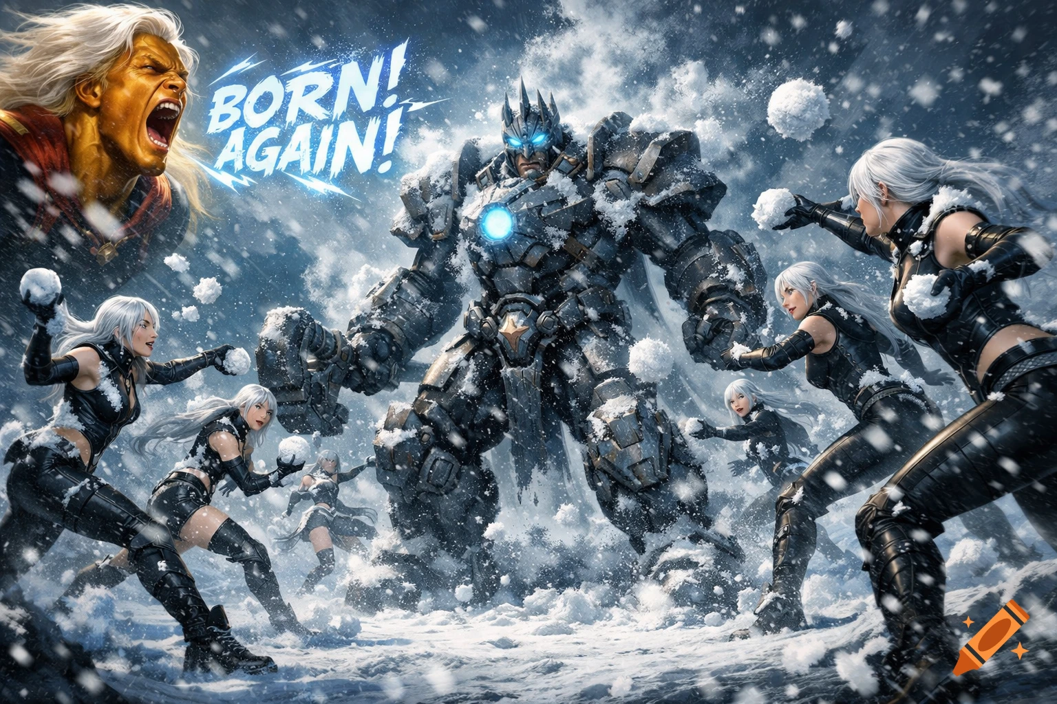 Adam Warlock screams 'BORN AGAIN' as a giant snow-covered robot is barraged with snowballs by several women in a snowy landscape.