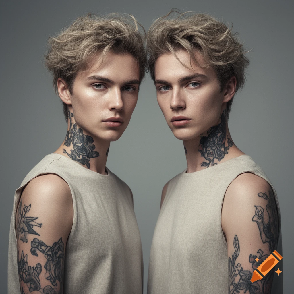 Two blond young men with numerous neck and arm tattoos stand side-by-side in a photorealistic studio portrait.