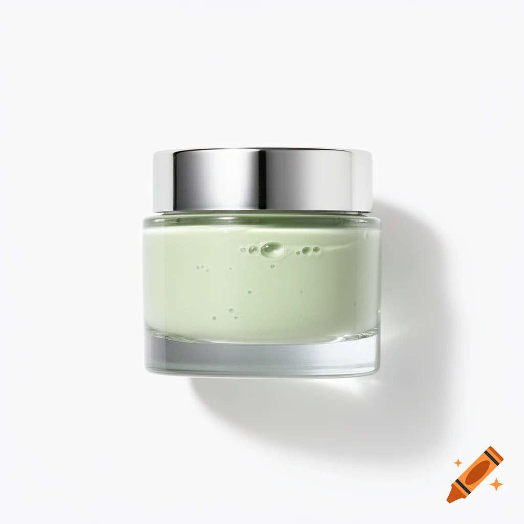 A glass jar with a silver lid contains light green cream with bubbles, set against a bright white background.