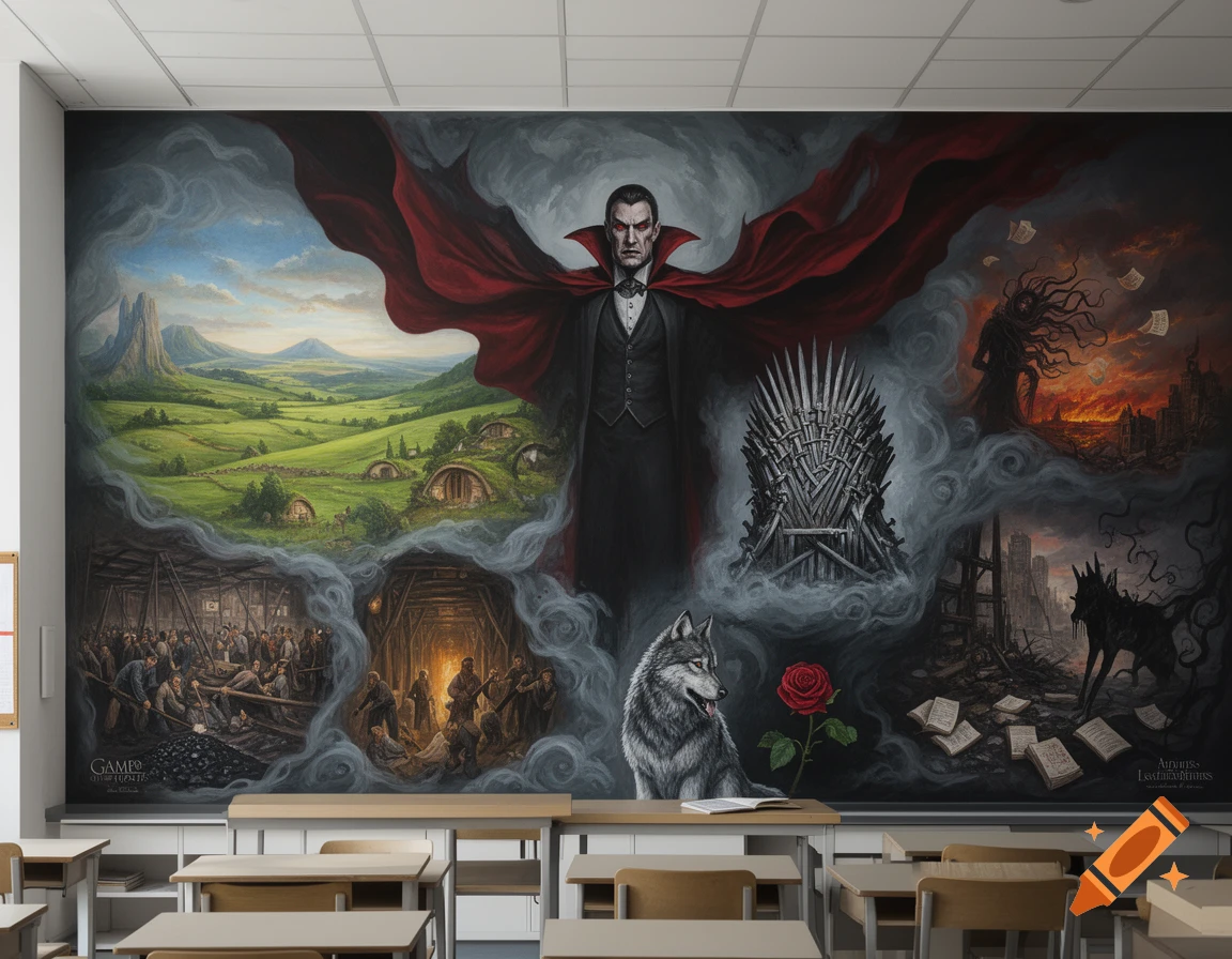 A fantasy-style mural in a classroom depicting various literary scenes: a vampire, a green valley with hobbit holes, a mining scene, the Iron Throne, a wolf with a rose, and a destroyed city.
