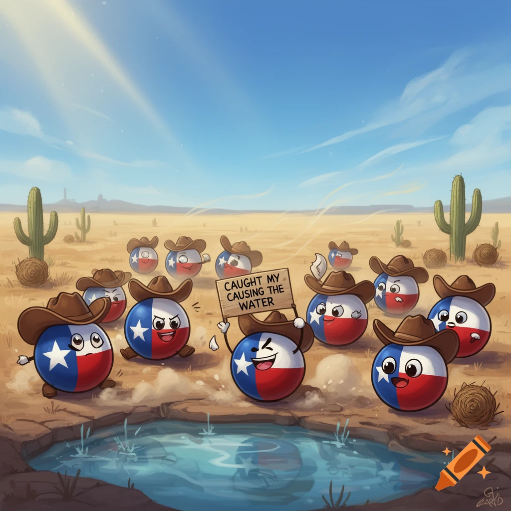 Cartoon Texas countryballs in cowboy hats around a pond in the desert, one holding a sign that says 'CAUGHT MY CAUSING THE WATER'.