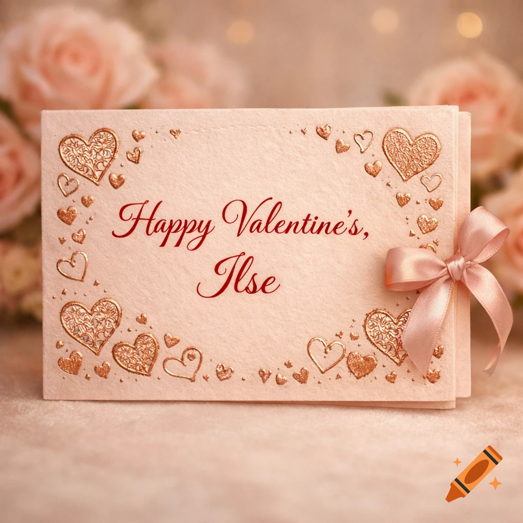 Close-up of a pink Valentine's card with "Happy Valentine's, Ilse" in red script, gold embossed hearts, and a pink ribbon bow, against blurred pink roses.