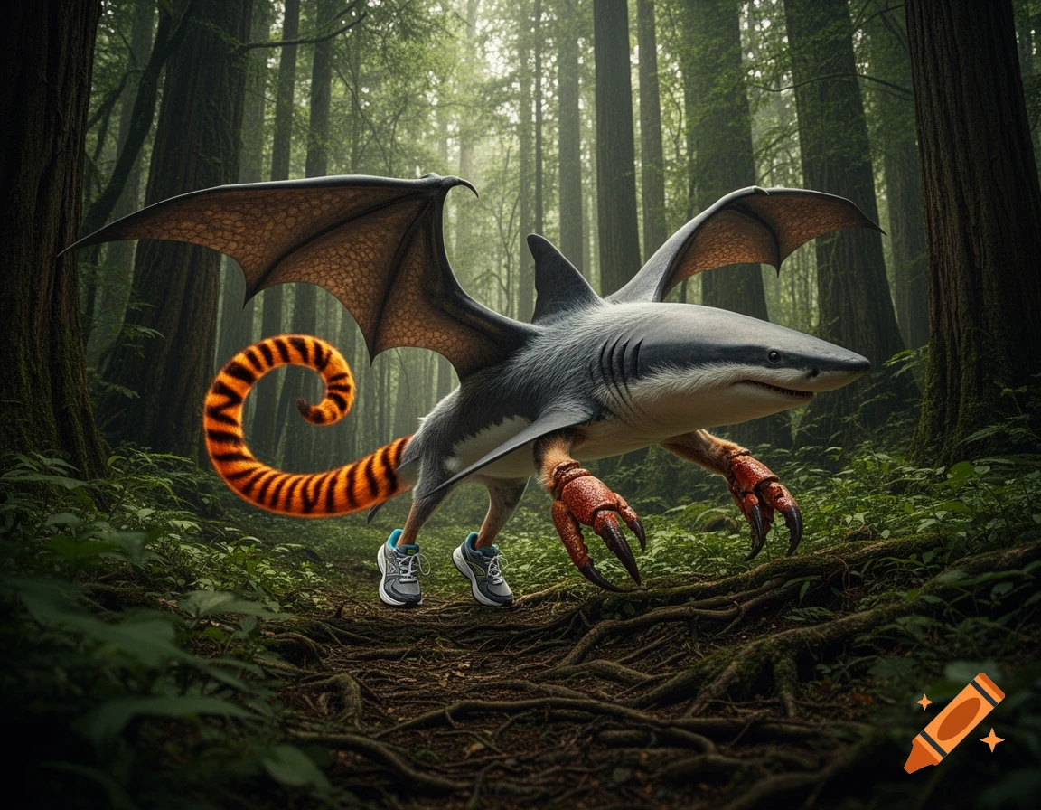 A fantastical shark-like creature with crab claws, dragon wings, a tiger-striped tail, and sneakers, walking in a dense forest.