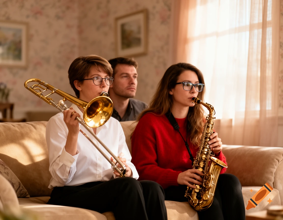 Two women play trombone and saxophone on a couch, with a man watching them in a warm living room.