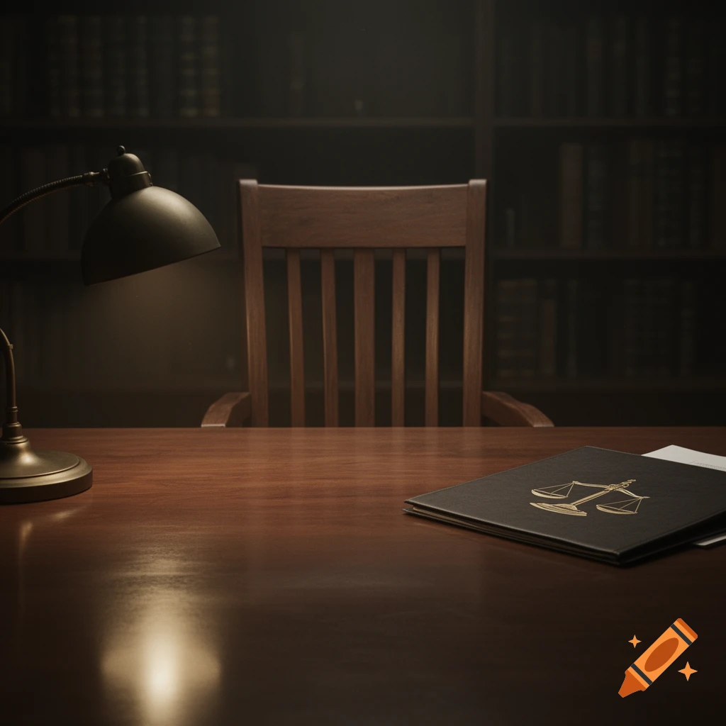 A dark wooden desk with a vintage lamp, a chair, and a folder with a scales of justice symbol, set in a moody library.