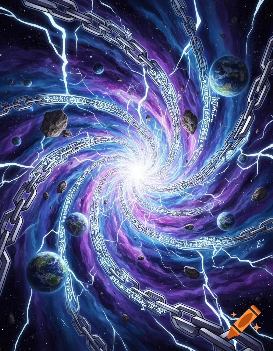 A vibrant cosmic temporal distortion with swirling purple and blue nebula, glowing chains with runes, planets, asteroids, and lightning.