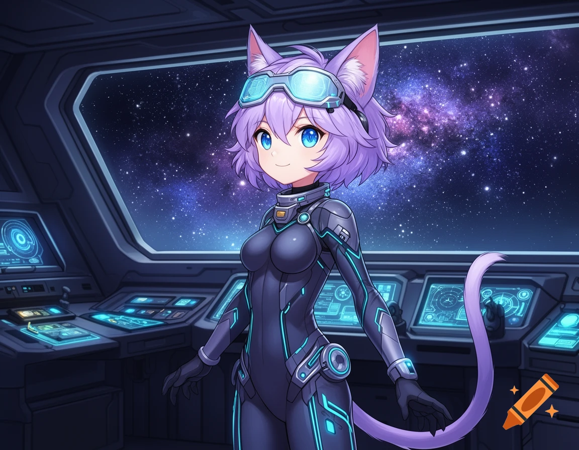 Anime catgirl in a futuristic spacesuit with goggles, standing in a spaceship cockpit overlooking a galaxy.
