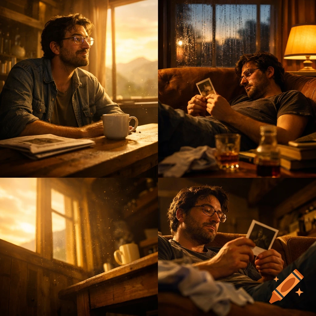 A four-panel image of a man in introspective moments. One shows him by a window at sunrise; another on a sofa, looking at a photo.
