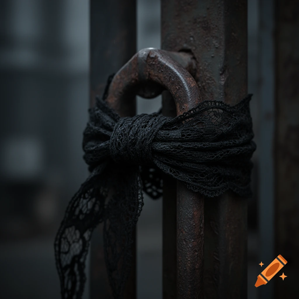 A black lace ribbon is tied tightly around a rusty metal handle attached to a dark industrial bar.