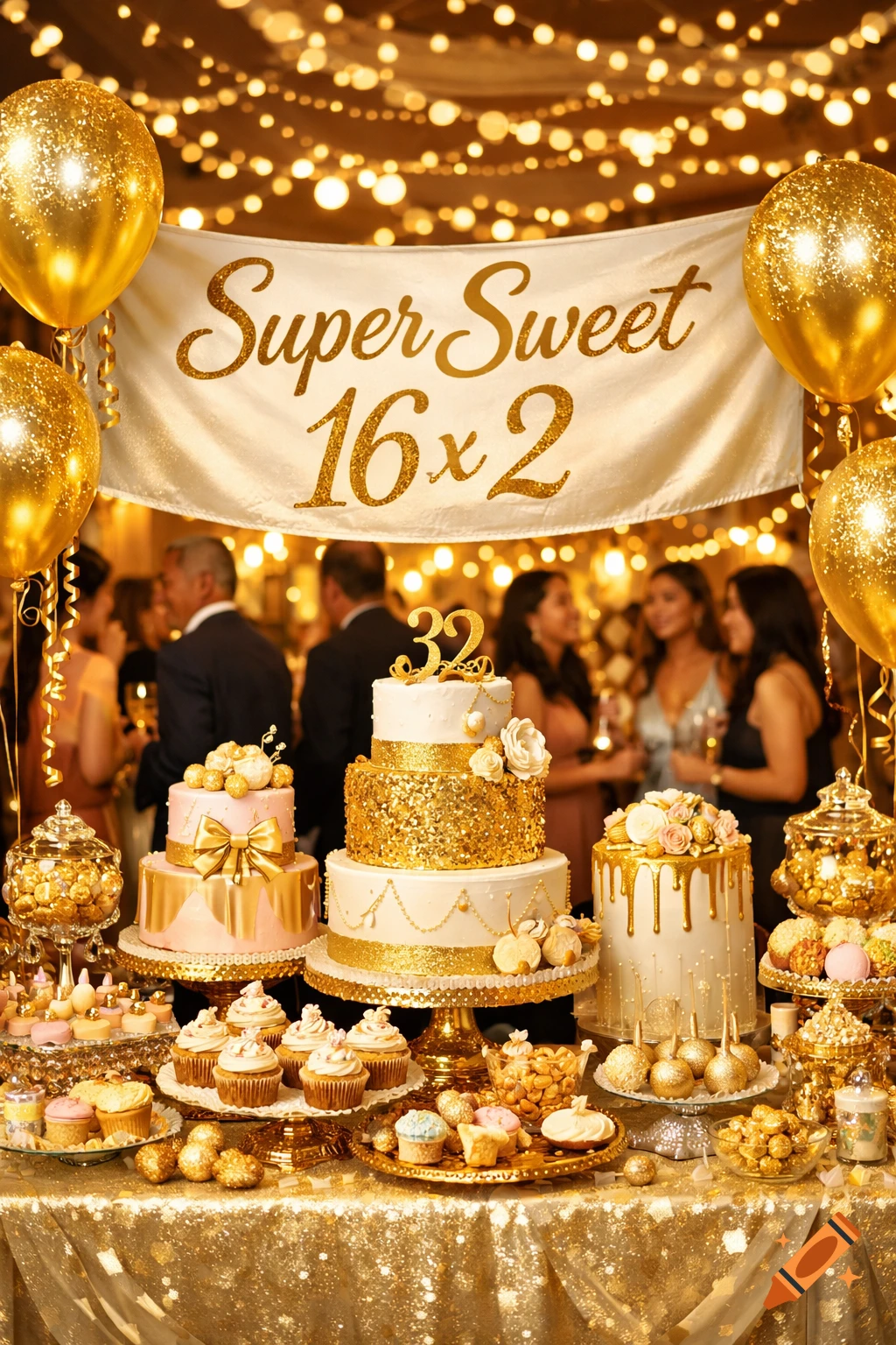A lavish gold-themed birthday party dessert table with multiple ornate cakes, cupcakes, golden balloons, and a banner reading 'Super Sweet 16x2'.