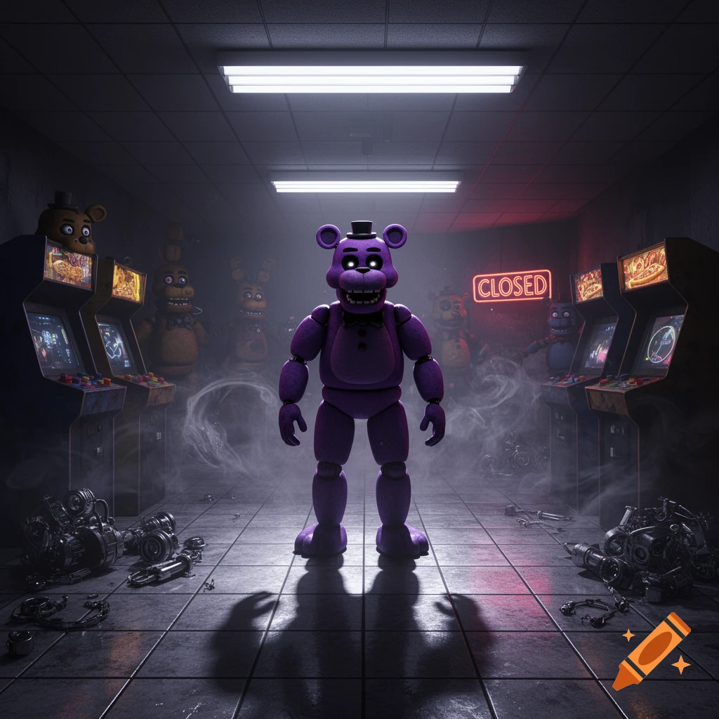 A purple animatronic bear stands in a dark, smoky arcade with other animatronics and glowing arcade machines, under a neon "CLOSED" sign.