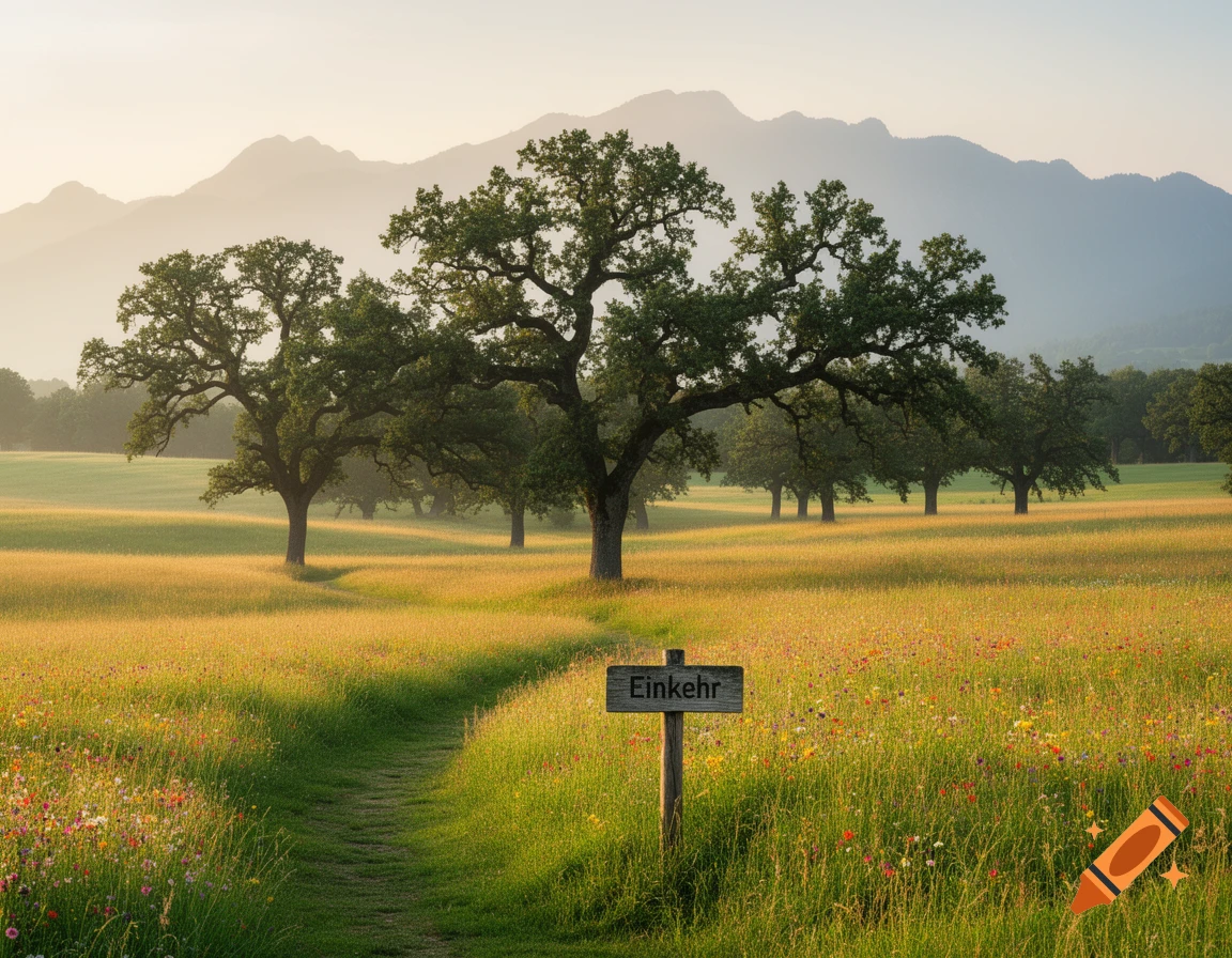 A photorealistic landscape featuring a path through a sunlit meadow with oak trees and distant mountains. A wooden sign reads "Einkehr".