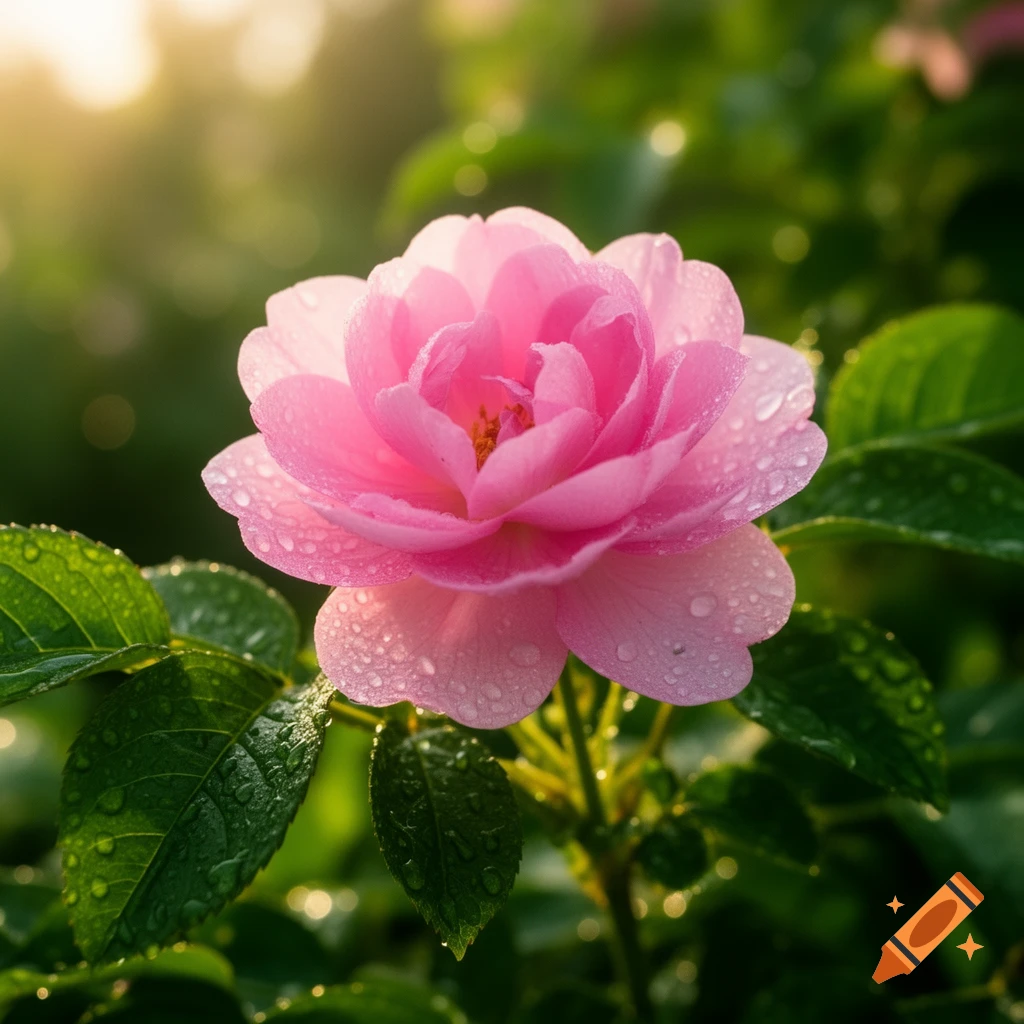 A vibrant pink rose covered in dewdrops, backlit by golden sunlight, in ...