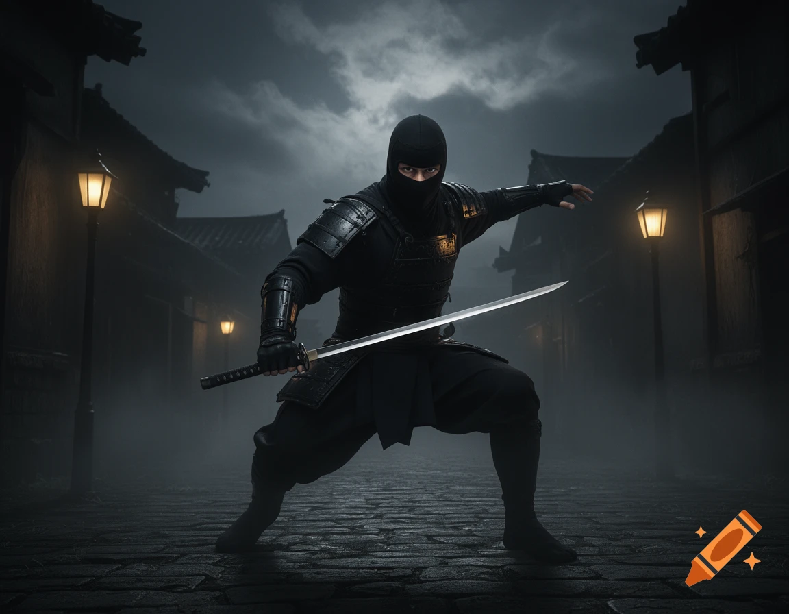 A masked ninja in black armor with a sword stands ready to fight on a foggy, dimly lit cobblestone street at night.