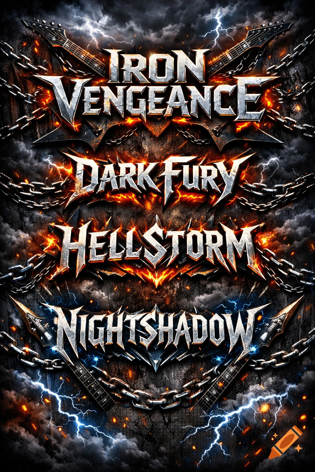 Heavy metal concert flyer with band names in jagged font, adorned with chains, electric guitars, lightning, and fire.