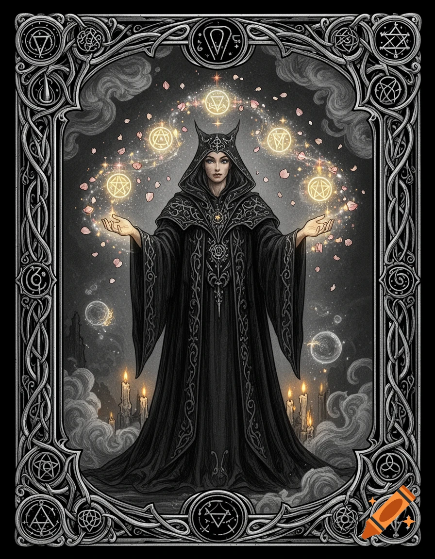 A robed spellcaster conjures glowing sigils and petals within an ornate gothic tarot card frame, surrounded by candles and mist.