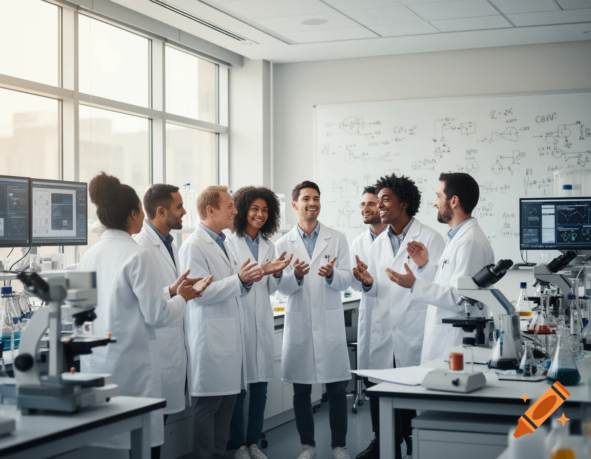 A diverse team of smiling scientists in lab coats discusses research findings in a modern university laboratory.