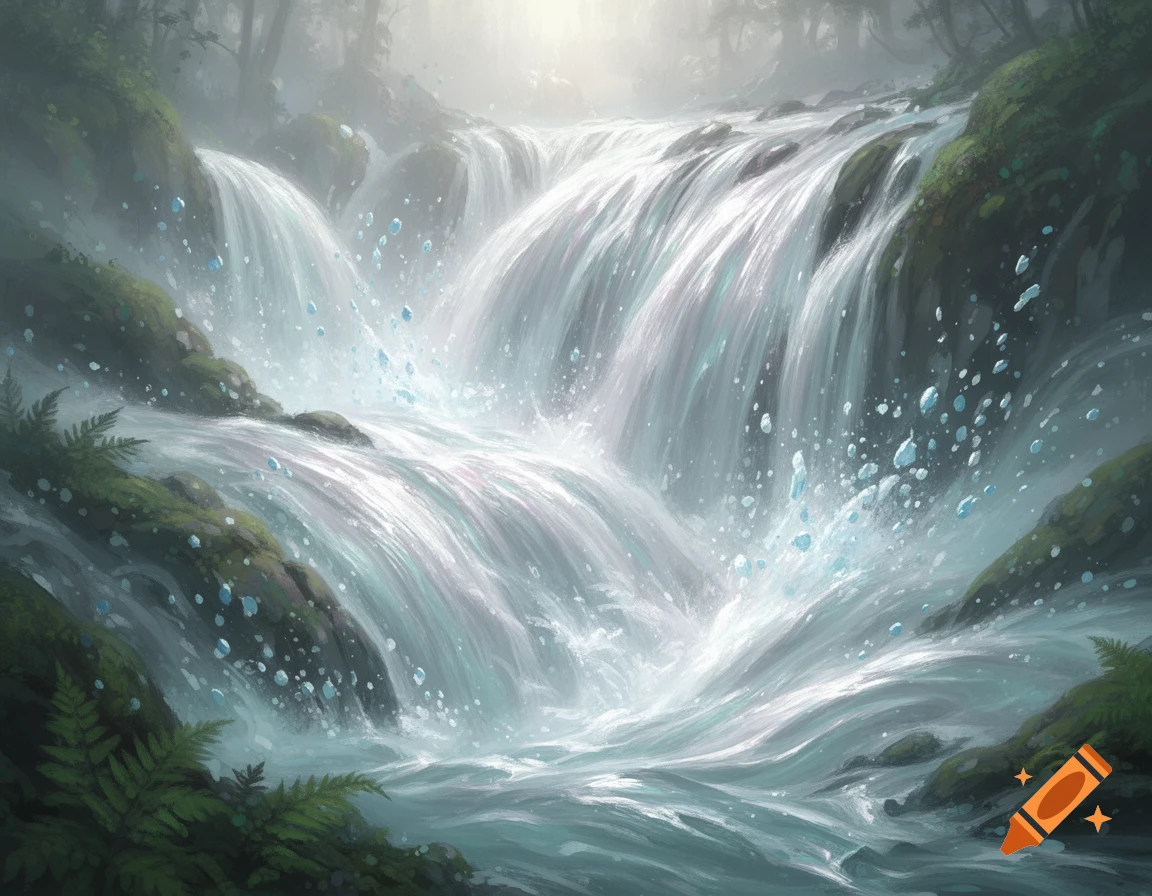 A vibrant digital painting of a majestic waterfall cascading through a lush, green forest with misty sunlight breaking through.