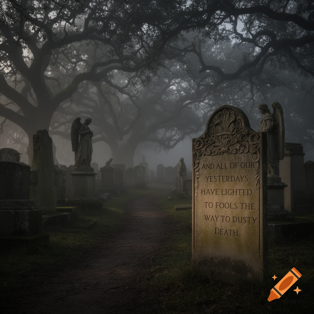 A foggy, atmospheric graveyard with ornate tombstones, angel statues, and gnarled trees, featuring text on a central grave.