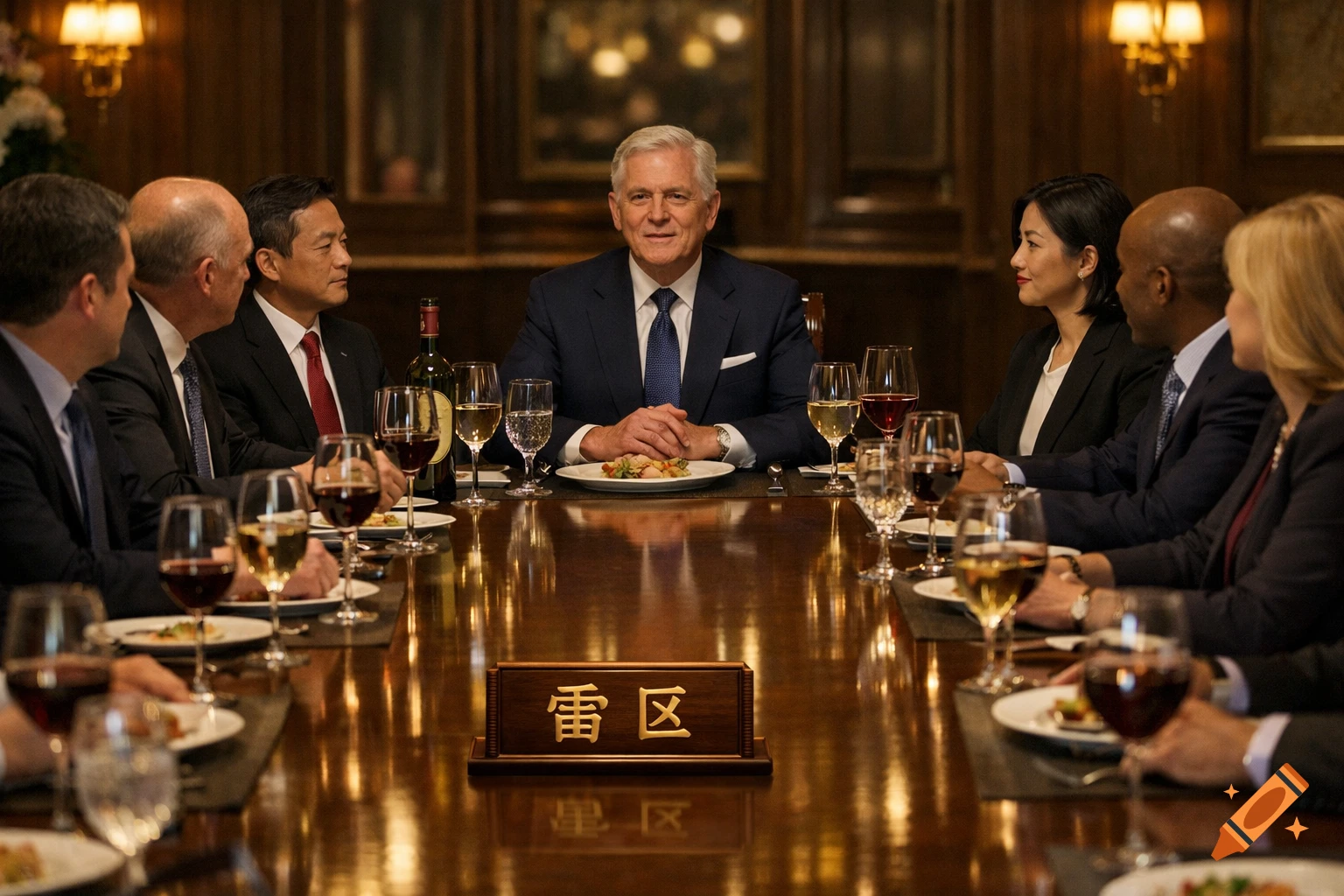 A group of diverse business professionals in suits gather around a polished wooden table for a formal dinner, with a smiling man at the head and a 'minefield' sign.
