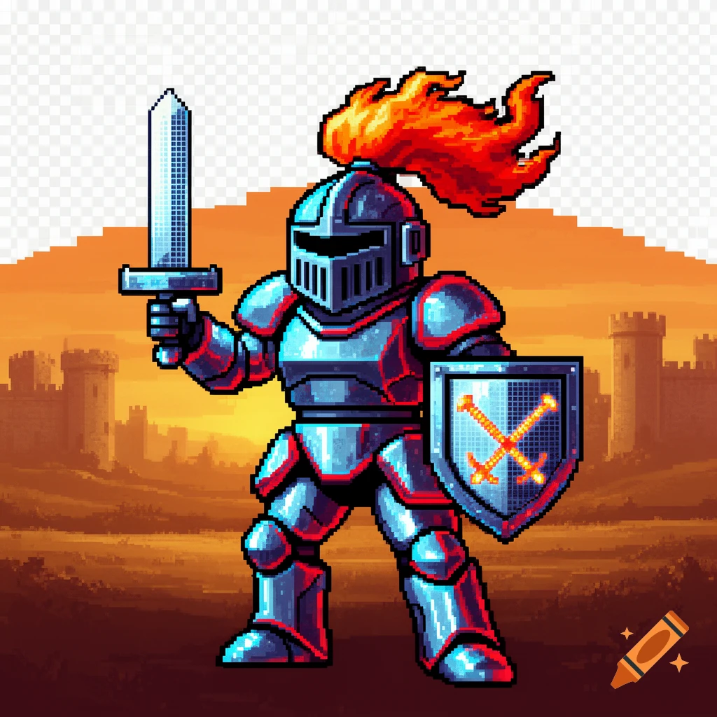 A pixel art knight in blue and red armor, with a flaming plume, holding a sword and shield, stands before a pixelated castle at sunset.