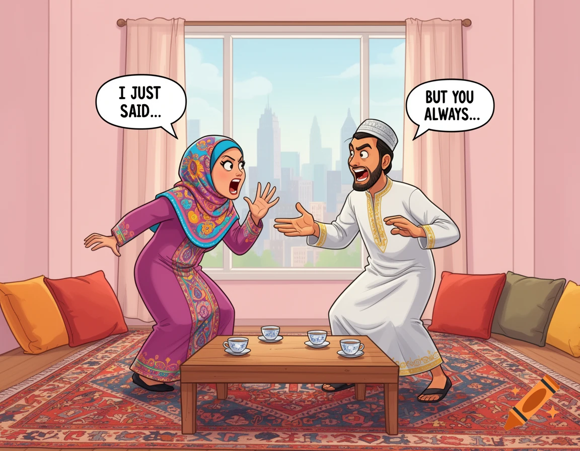 A cartoon illustration of a Muslim couple in traditional attire arguing in a living room, with speech bubbles.