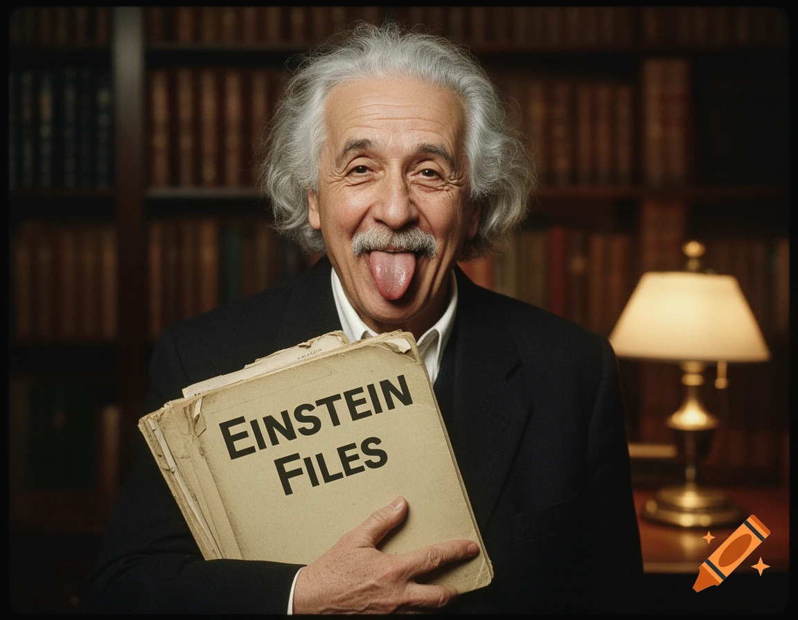 Photorealistic portrait of Albert Einstein playfully sticking out his tongue, holding files labeled 'Einstein Files' in a library.