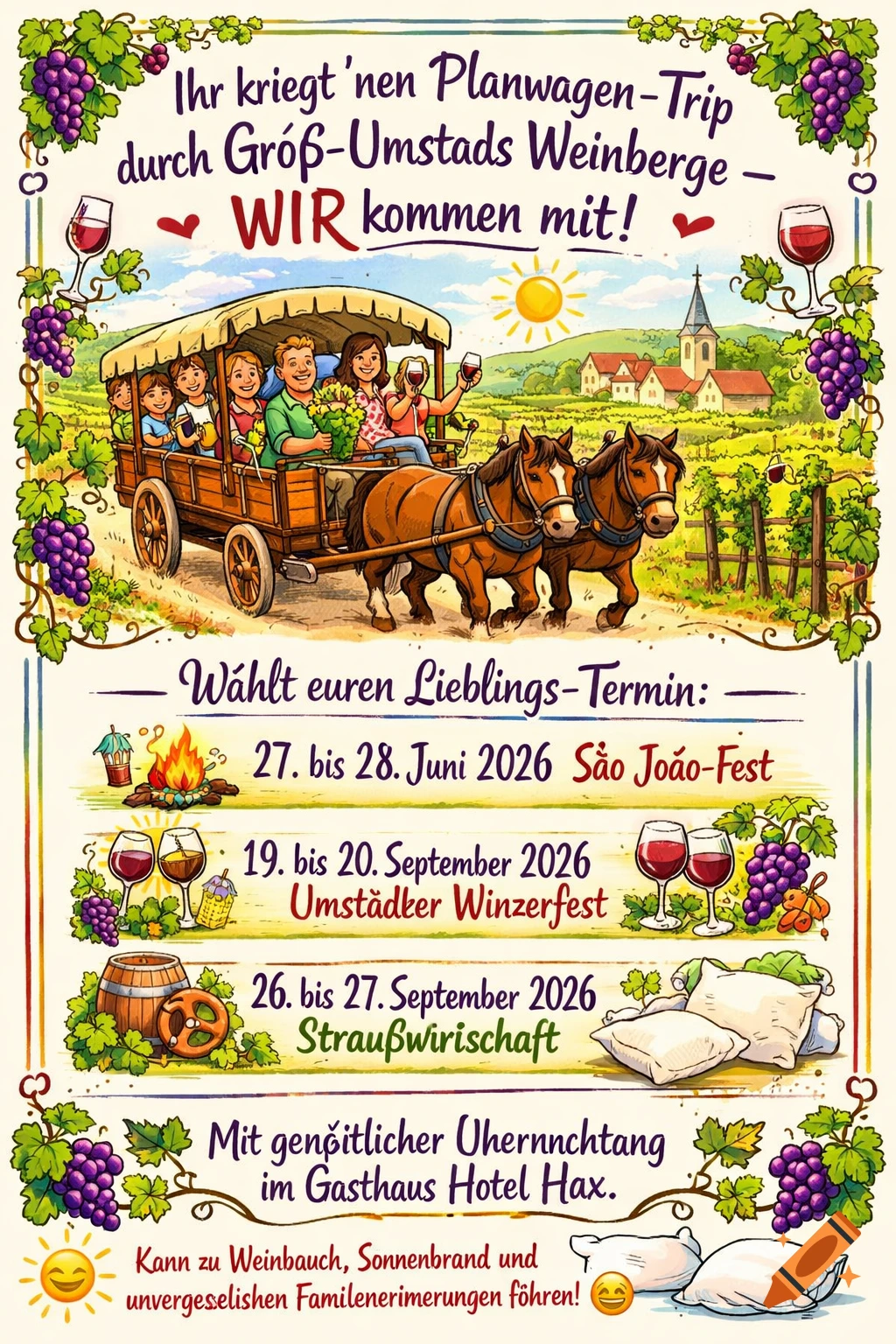 A colorful illustration of a family on a horse-drawn wagon trip through vineyards, with German text for a voucher promoting wine region tours and events.