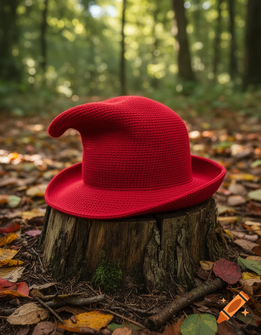 A vibrant red knitted gnome hat, bent to the left, rests on a mossy tree stump in a sunlit forest among fallen leaves.