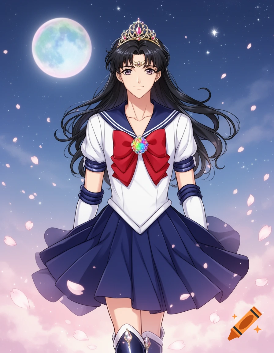An anime-style young man with black hair in a Sailor Moon uniform and tiara, standing under a full moon with pink petals falling.